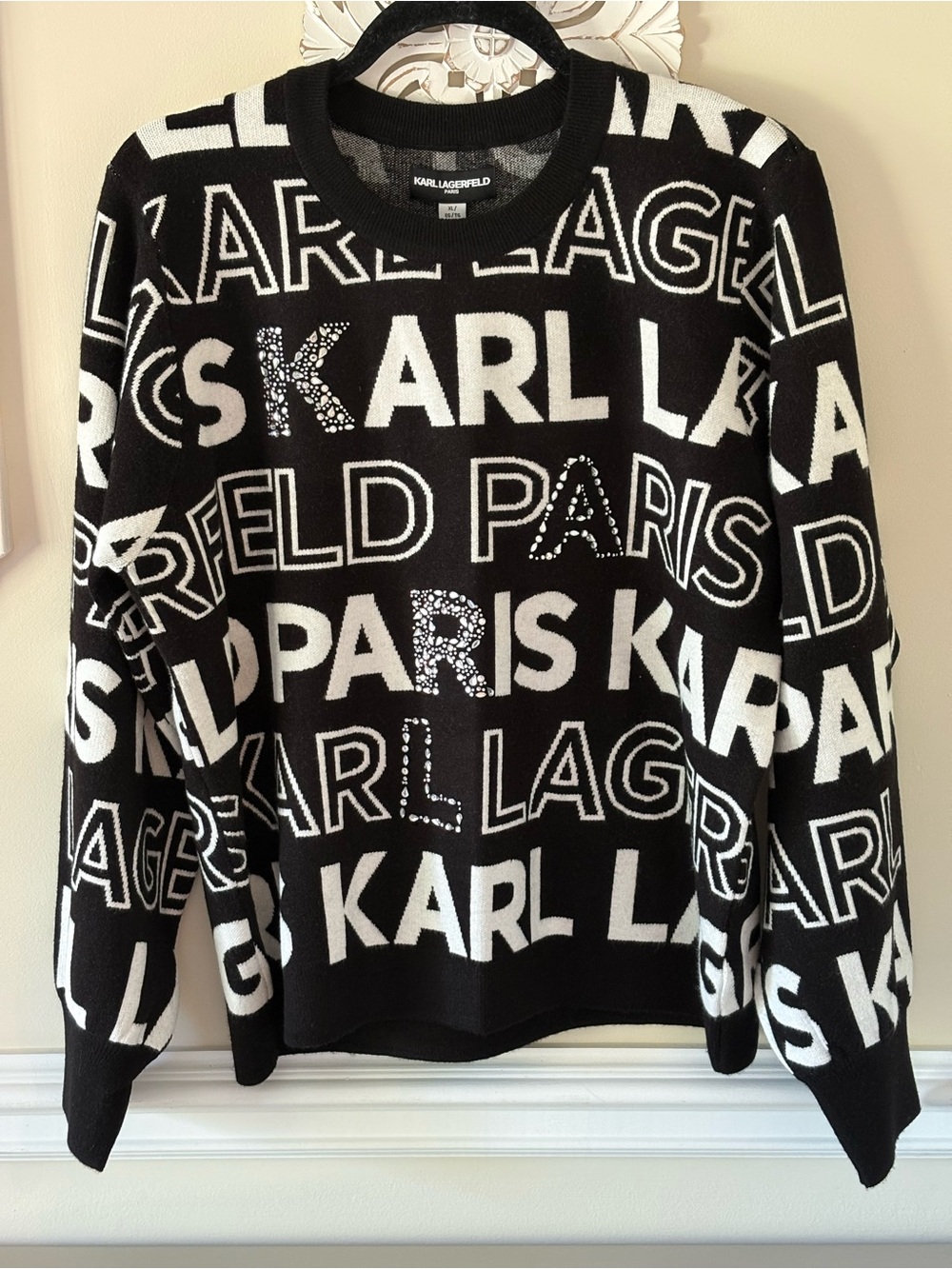Karl Lagerfeld Black and White Allover Logo Knit Sweater